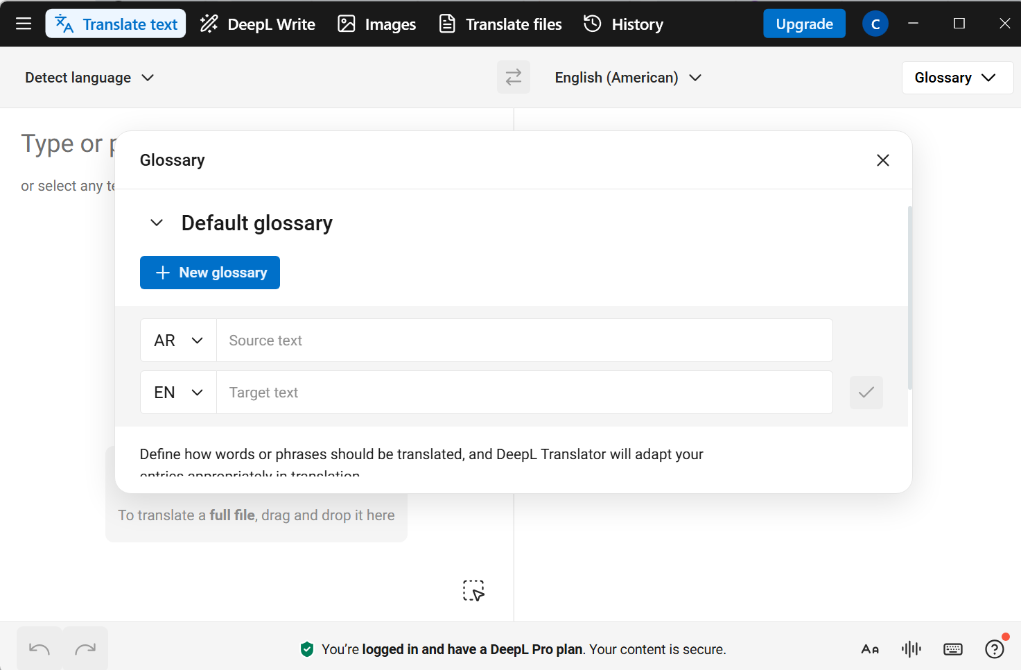 DeepL glossary dialog showing term and translation fields
