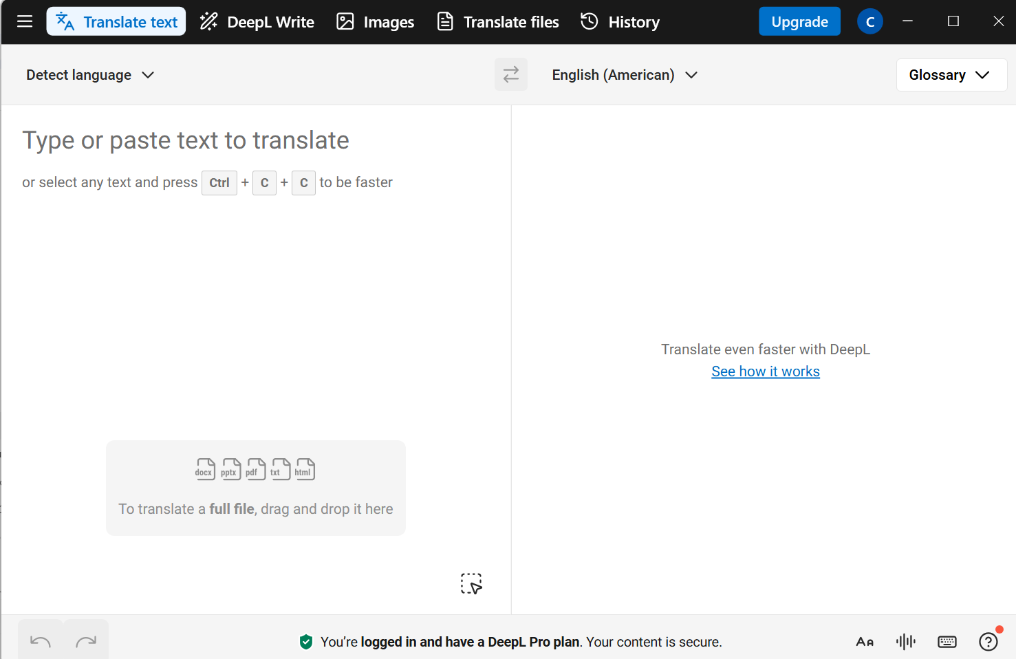 DeepL home with text box and Translate files button