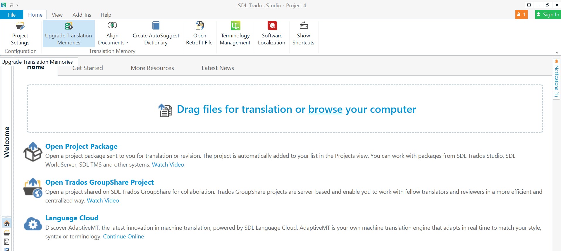 Home tab showing the Get Started area with Drag files for translation