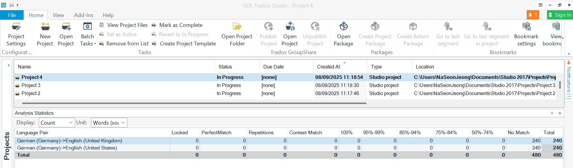 Trados Home tab in the Projects view with the ribbon visible