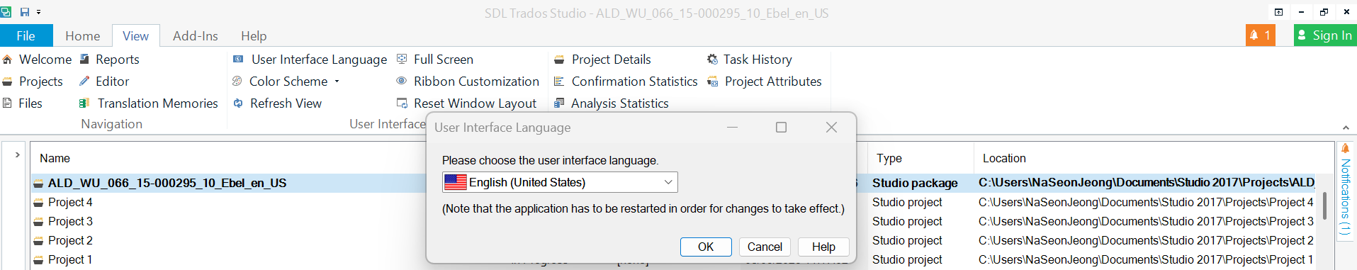 View tab with User interface language dropdown set to English
