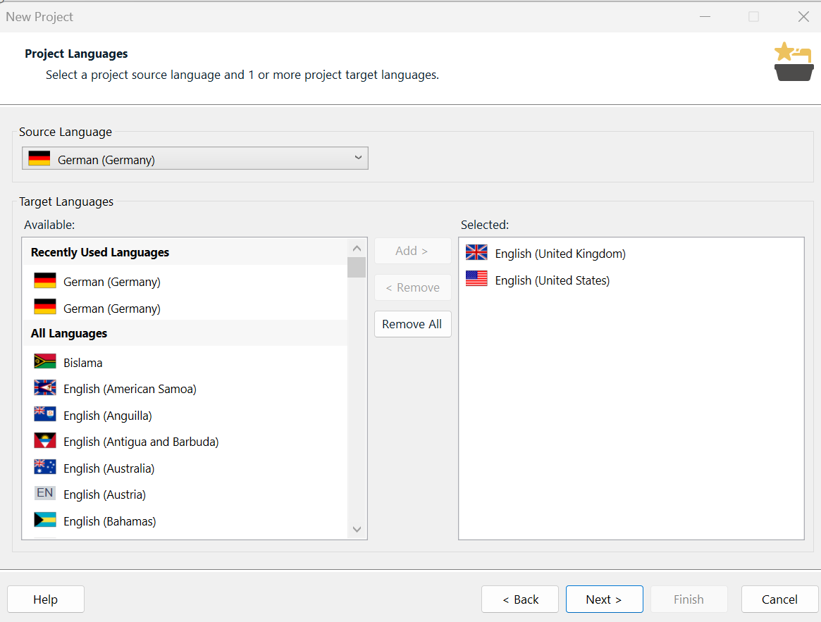Project Wizard on Language Pairs step showing source and target languages