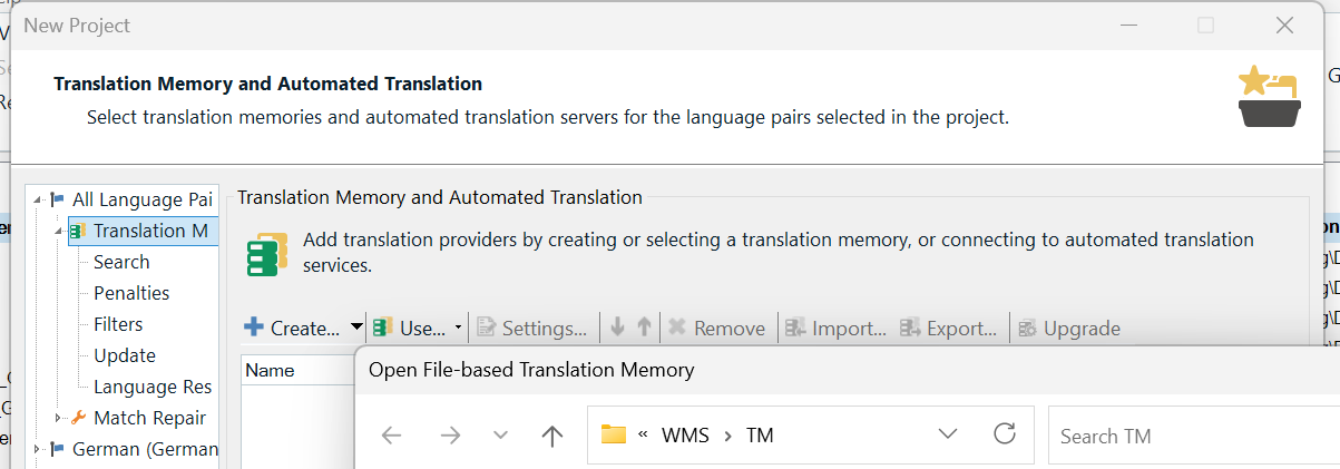 Project Wizard on Translation Memories step with a TM selected