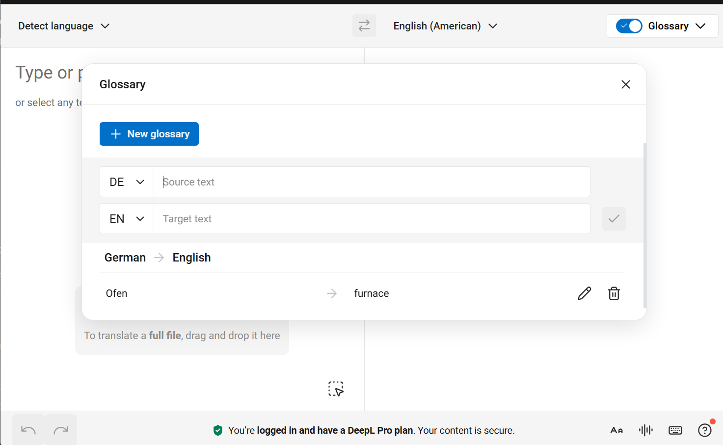 DeepL Glossary creation dialog